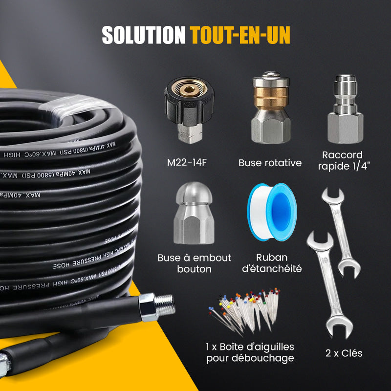 💦50% DE RÉDUCTION ! 🚿 Kit de Nettoyage Haute Pression 5800 PSI pour Égouts - Buse Rotative et Flexible Renforcé pour Déboucher les Canalisations 🛠️✨