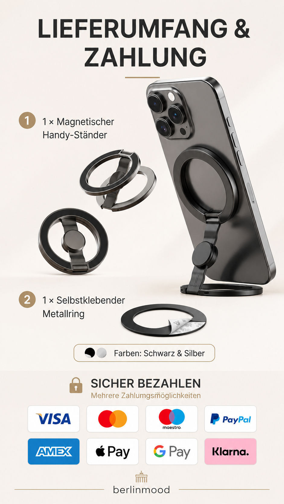 Support magnétique pour téléphone portable avec anneau, pivotant à 360°