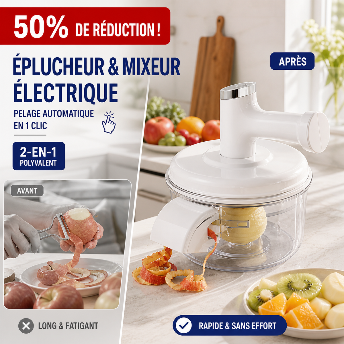 🍎50% DE RÉDUCTION ! Éplucheur et mixeur électrique de fruits et légumes - Épluchage automatique en un seul bouton, design 2-en-1 multifonction
