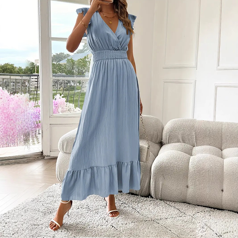Robe longue à col en V avec taille froncée et volants
