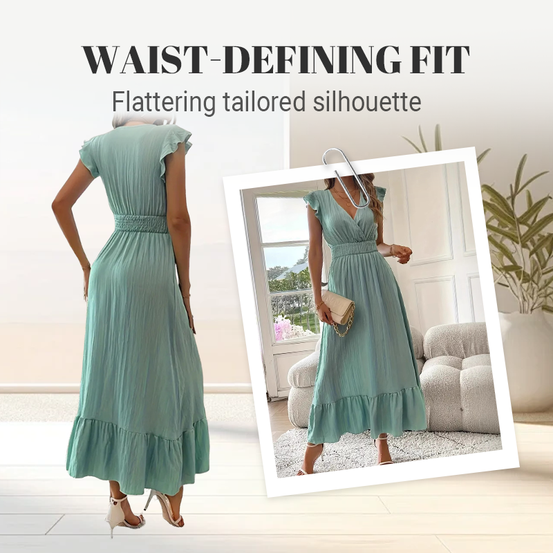Robe longue à col en V avec taille froncée et volants