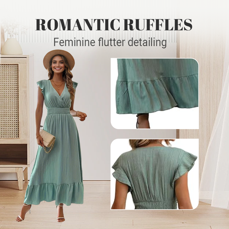 Robe longue à col en V avec taille froncée et volants