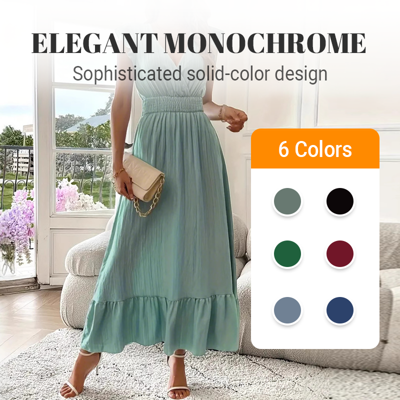 Robe longue à col en V avec taille froncée et volants