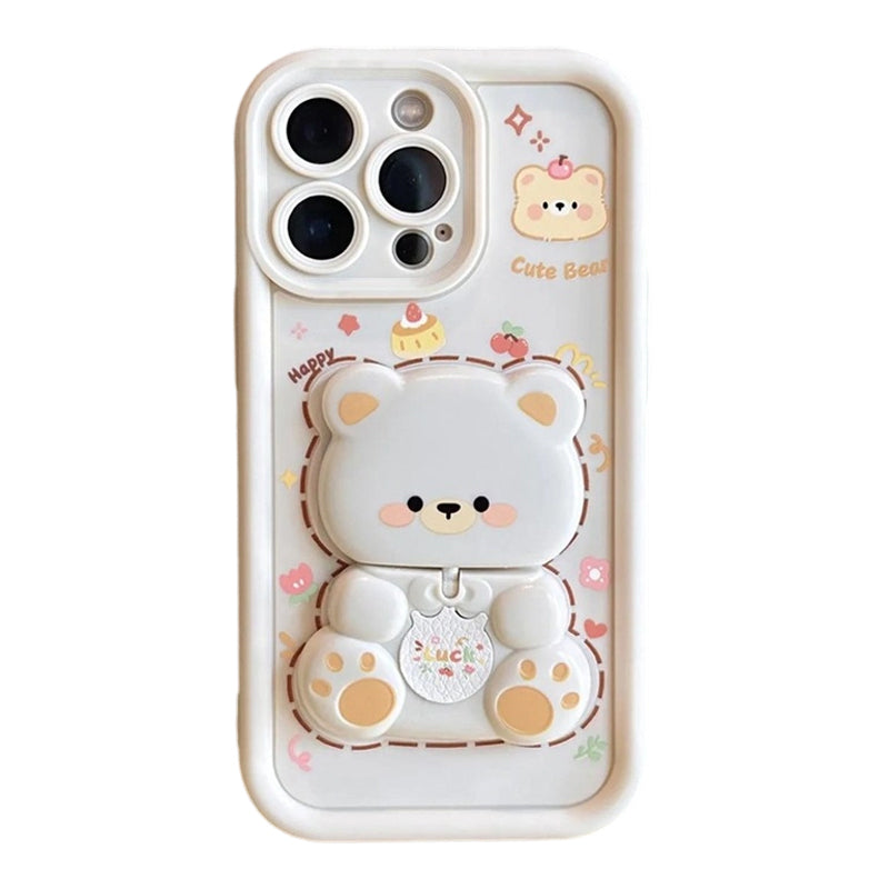 Coque de Téléphone Ours Mignon avec Support Pliable et Miroir pour Série iPhone