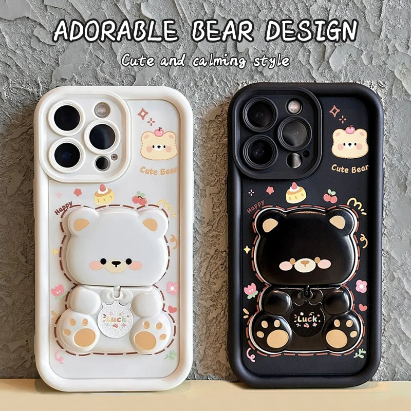 Coque de Téléphone Ours Mignon avec Support Pliable et Miroir pour Série iPhone