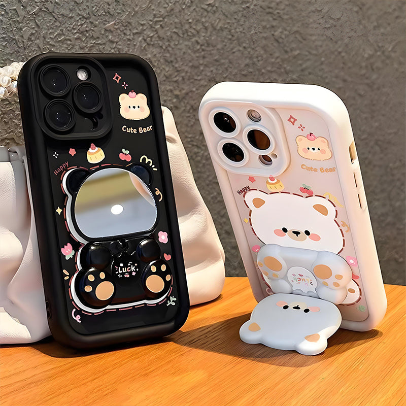 Coque de Téléphone Ours Mignon avec Support Pliable et Miroir pour Série iPhone