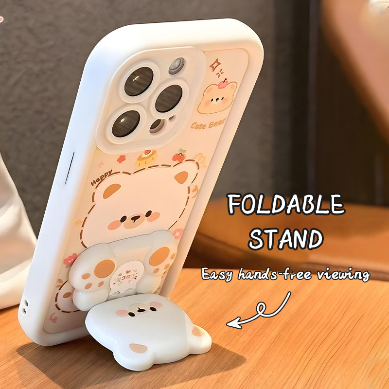 Coque de Téléphone Ours Mignon avec Support Pliable et Miroir pour Série iPhone