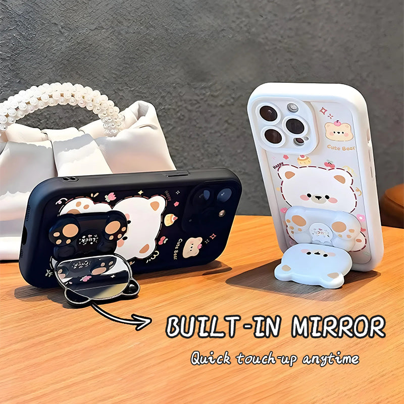 Coque de Téléphone Ours Mignon avec Support Pliable et Miroir pour Série iPhone