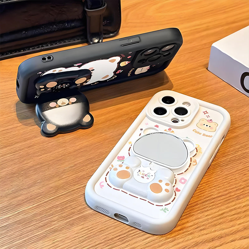 Coque de Téléphone Ours Mignon avec Support Pliable et Miroir pour Série iPhone