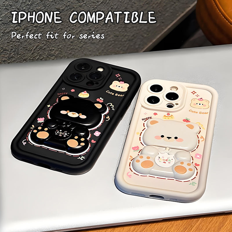 Coque de Téléphone Ours Mignon avec Support Pliable et Miroir pour Série iPhone