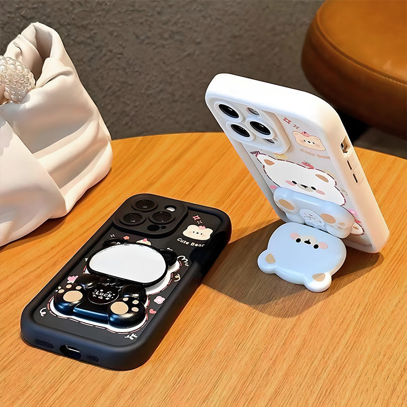 Coque de Téléphone Ours Mignon avec Support Pliable et Miroir pour Série iPhone