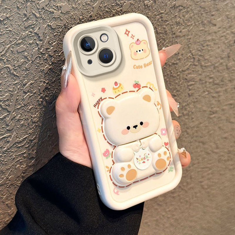 Coque de Téléphone Ours Mignon avec Support Pliable et Miroir pour Série iPhone