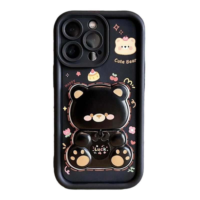 Coque de Téléphone Ours Mignon avec Support Pliable et Miroir pour Série iPhone