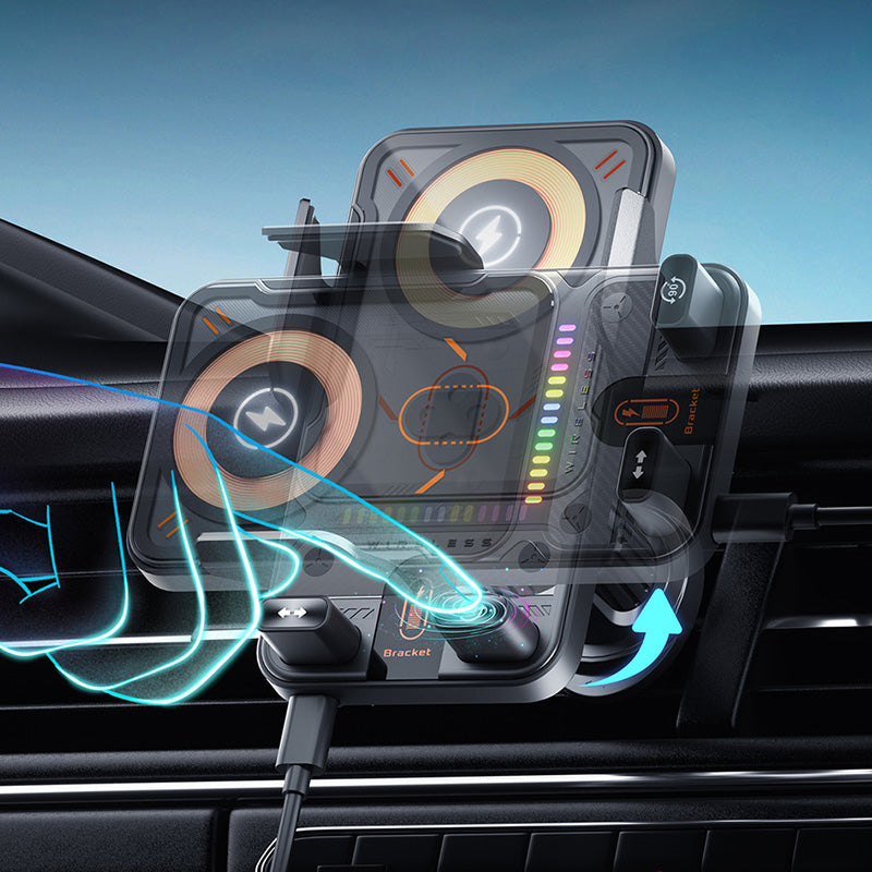 Support de téléphone rotatif intelligent et chargeur sans fil 2-en-1 pour voiture