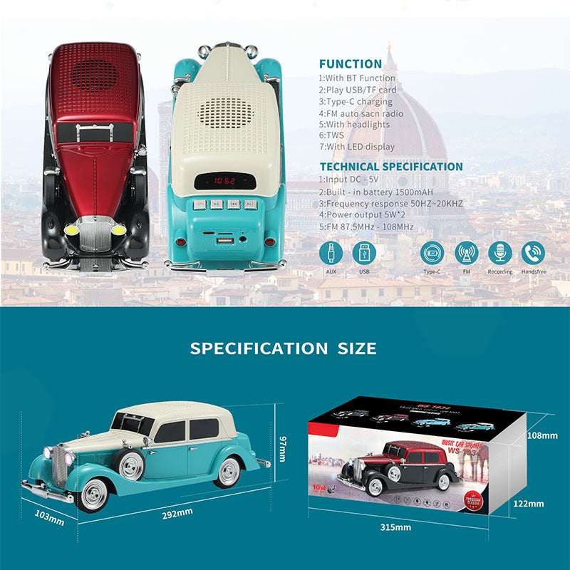 Haut-parleur Bluetooth en forme de voiture vintage avec son stéréo