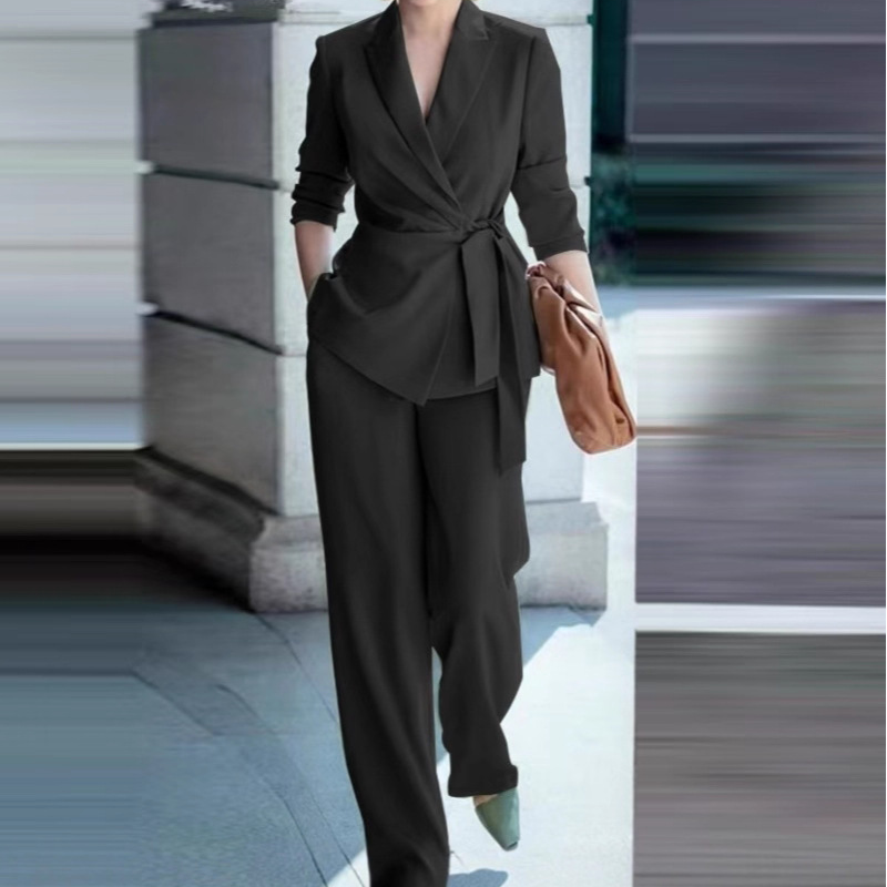 👔 51% DE RÉDUCTION! ✨ Ensemble Blazer & Pantalon Jambes Larges Femme – Ceinture Nœud, Coupe Flatteuse & Style Polyvalent 💃