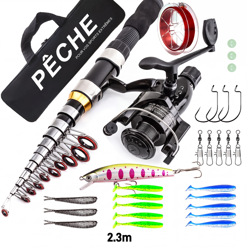 đŁđ Kit de pĂȘche de voyage â Ăquipement complet, canne tĂ©lescopique, sac de transport, partez pĂȘcher partout, du lac au bord de mer, avec tout le nĂ©cessaire sous la main đâš