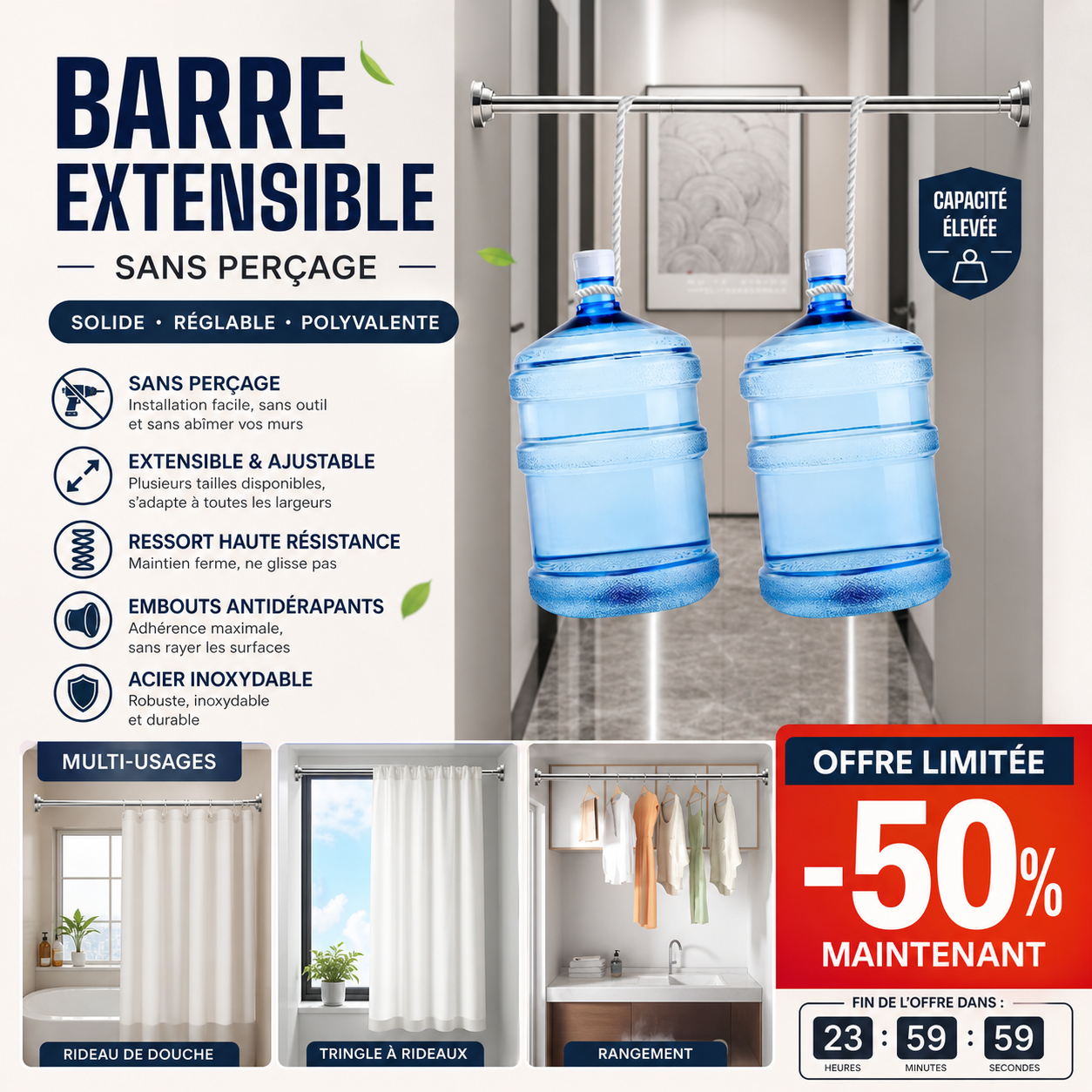 🛏️ 50% DE RÉDUCTION! 🚿 Tringle extensible sans trou – Réglable, montage rapide & sans outil – Idéale pour salle de bain, fenêtres et rideaux ✨