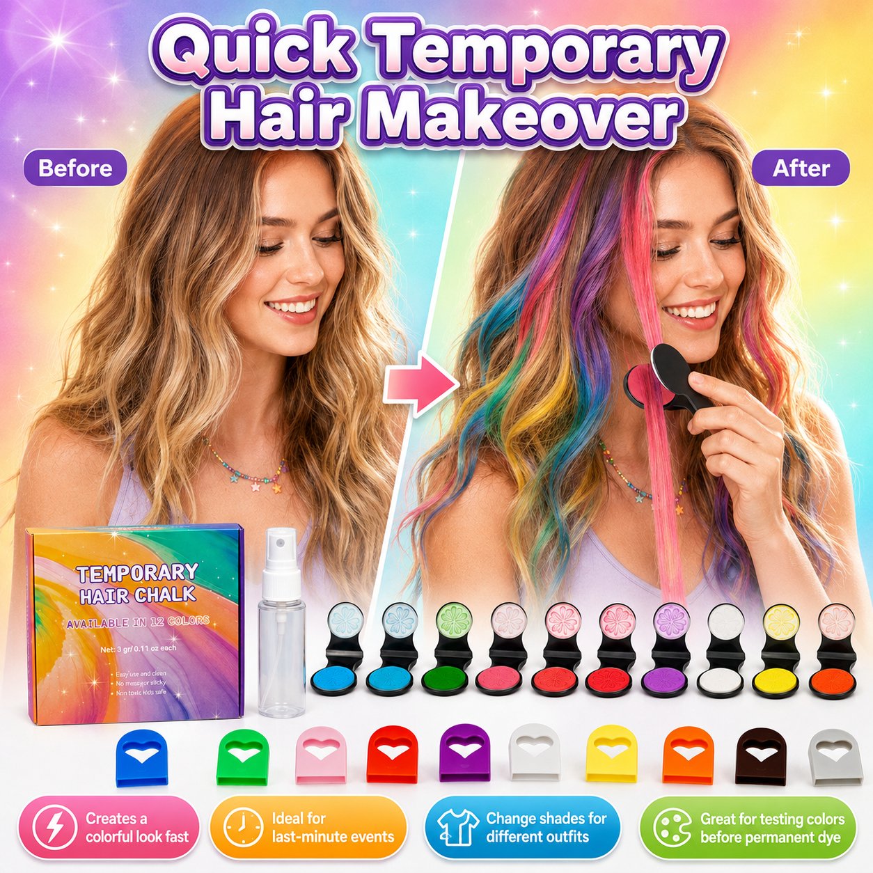 🎨 50% DE RÉDUCTION! ⚡ Kit craies capillaires – 12 couleurs, lavable & facile – Idéal pour fêtes ✨