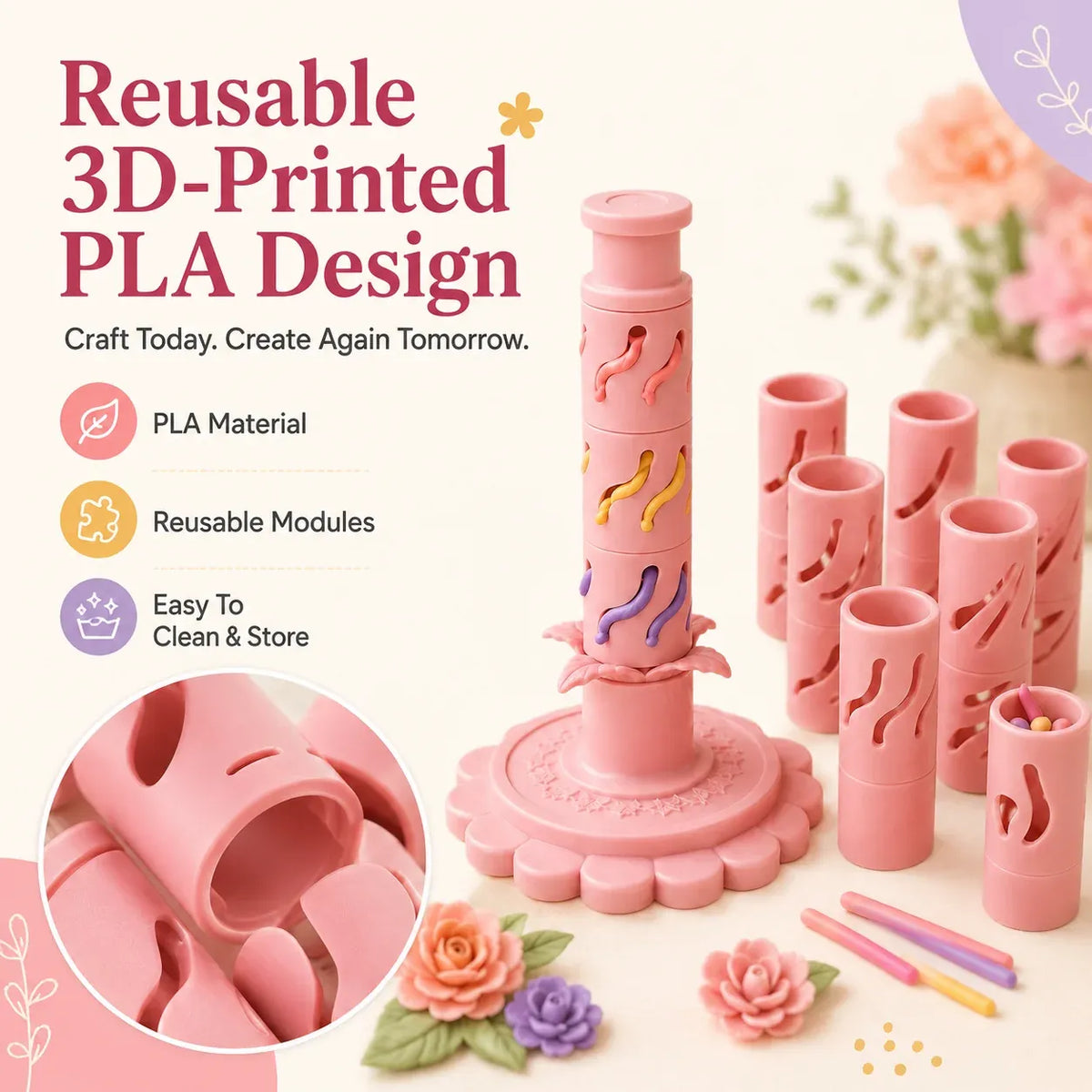🔥‑50% Réduction ! Kit création fleurs pâte à modeler 🌸 Pour débutants, outil 3D réutilisable, 24 couleurs incluses ✨