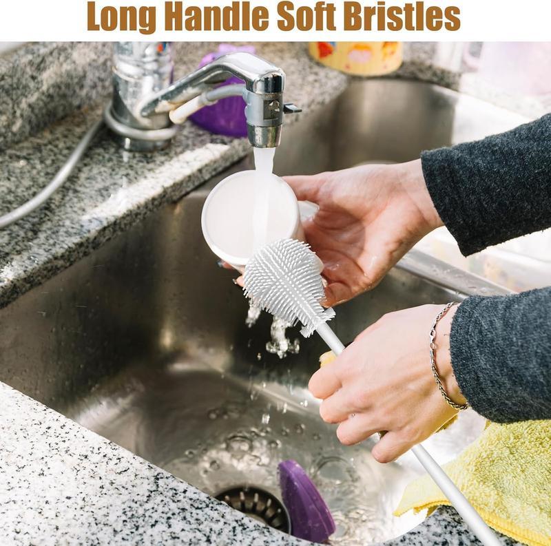 Brosse de nettoyage en silicone à 360° avec long manche – Nettoyeur de biberons à poils souples pour biberons, gourdes, bouteilles isothermes, couvercles, théières, bols et récipients étroits. Offre spéciale : 1 acheté, 1 offert.