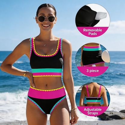 🏖️Offre spéciale 50 % de réduction🌼Ensemble de bikini sportif 3 pièces en nylon patchwork color block - Maillot de bain taille haute et contrôle du ventre👙🌈