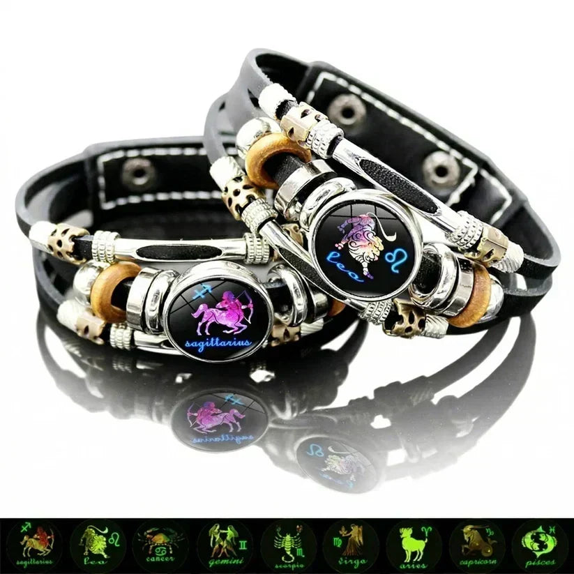 ⭐ 50 % DE RÉDUCTION MAINTENANT ! 🐾 Bracelet Zodiaque en cuir phosphorescent – Brille dans le noir, ajustable et unisexe – Parfait pour les passionnés d'astrologie et à porter au quotidien ✨