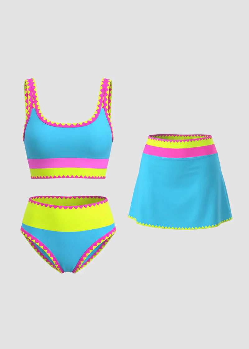 🏖️Offre spéciale 50 % de réduction🌼Ensemble de bikini sportif 3 pièces en nylon patchwork color block - Maillot de bain taille haute et contrôle du ventre👙🌈