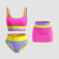 🏖️Offre spéciale 50 % de réduction🌼Ensemble de bikini sportif 3 pièces en nylon patchwork color block - Maillot de bain taille haute et contrôle du ventre👙🌈