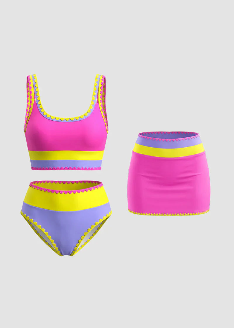 🏖️Offre spéciale 50 % de réduction🌼Ensemble de bikini sportif 3 pièces en nylon patchwork color block - Maillot de bain taille haute et contrôle du ventre👙🌈
