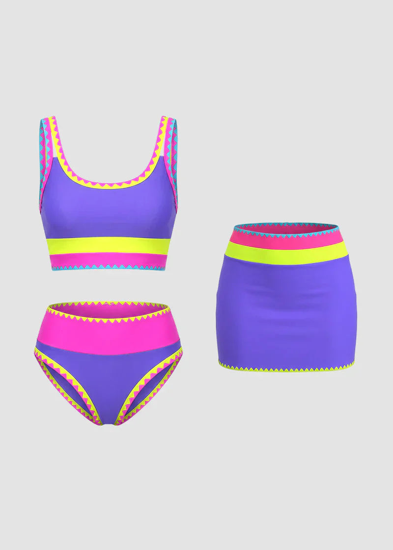 🏖️Offre spéciale 50 % de réduction🌼Ensemble de bikini sportif 3 pièces en nylon patchwork color block - Maillot de bain taille haute et contrôle du ventre👙🌈