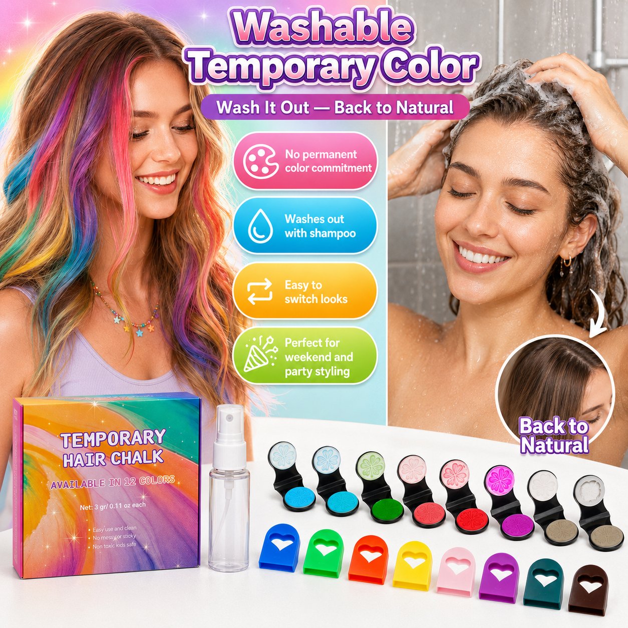 🎨 50% DE RÉDUCTION! ⚡ Kit craies capillaires – 12 couleurs, lavable & facile – Idéal pour fêtes ✨