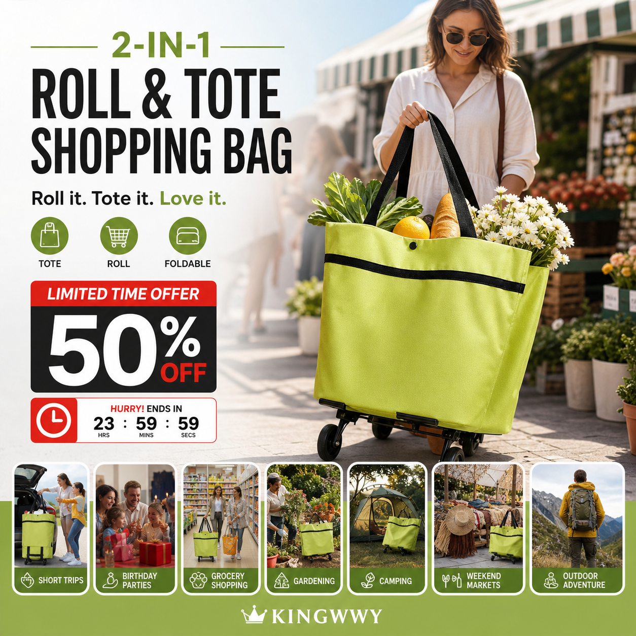 🛒🔥 Chariot de courses 2 en 1 pliable léger et résistant, transport facile pour supermarché et déplacement quotidien ✨