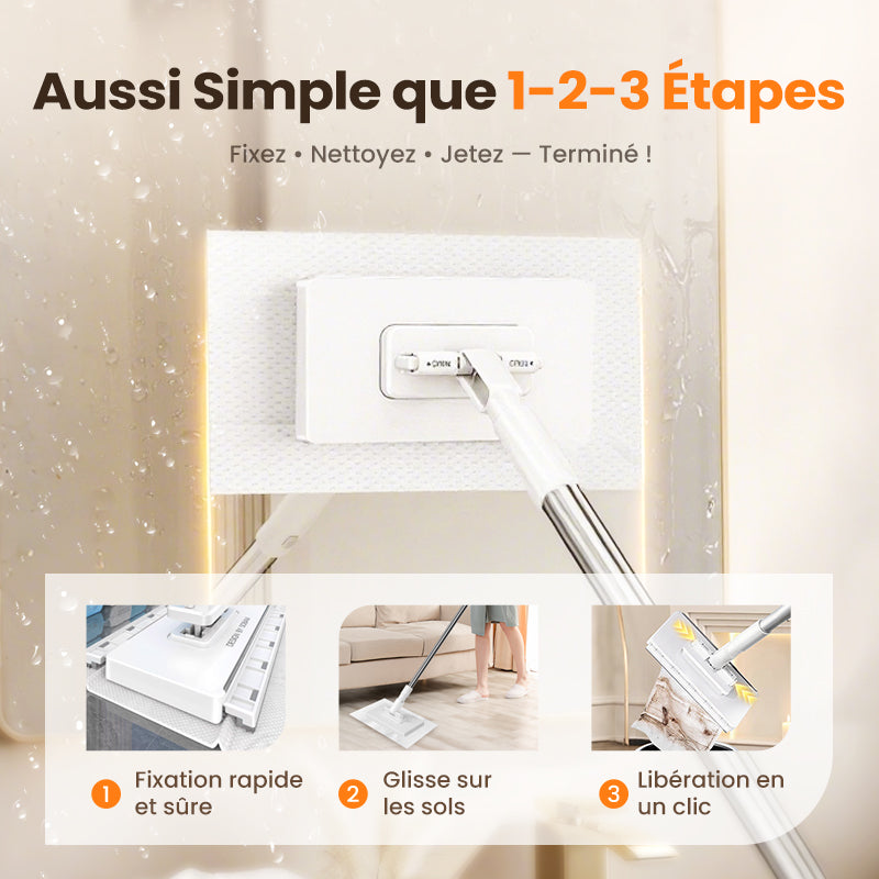 🧹💧 Serpillère réutilisable – Pince auto-serrante, manche télescopique, rotation 360°, un nettoyage des sols efficace et sans effort, même dans les coins les plus difficiles 🏠✨