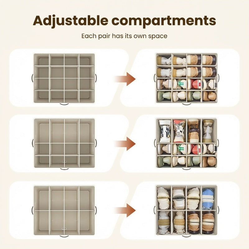 👟 50% DE RÉDUCTION ! 🧺 Boîte de Rangement en Tissu pour Chaussures – Pliable & Respirante – 16 Compartiments & Couvercle Transparent pour Placard 🏠