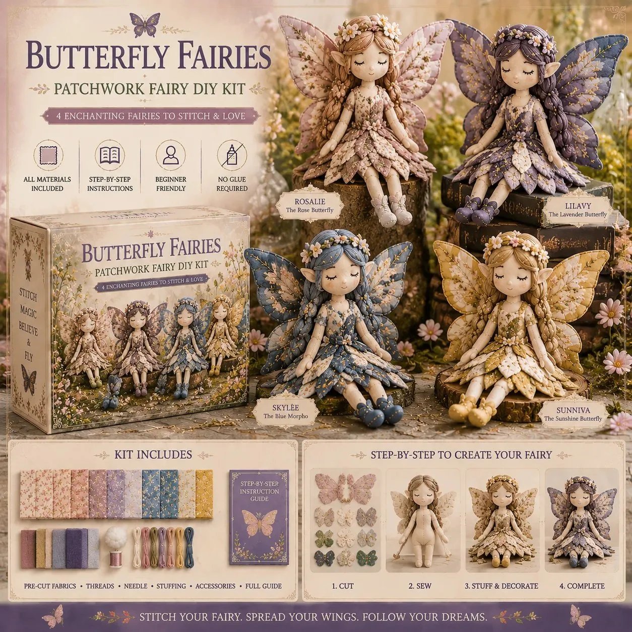🧚‍♀️ 50% DE RÉDUCTION – Kit DIY de patchwork féerique – 4 fées uniques – adapté aux débutants – cadeau parfait – Achetez 2, livraison gratuite