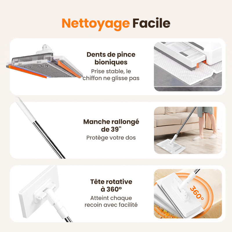 🧹💧 Serpillère réutilisable – Pince auto-serrante, manche télescopique, rotation 360°, un nettoyage des sols efficace et sans effort, même dans les coins les plus difficiles 🏠✨