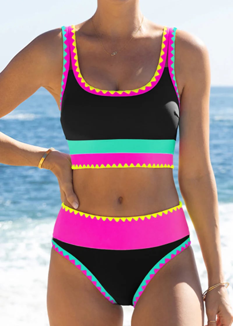 🏖️Offre spéciale 50 % de réduction🌼Ensemble de bikini sportif 3 pièces en nylon patchwork color block - Maillot de bain taille haute et contrôle du ventre👙🌈