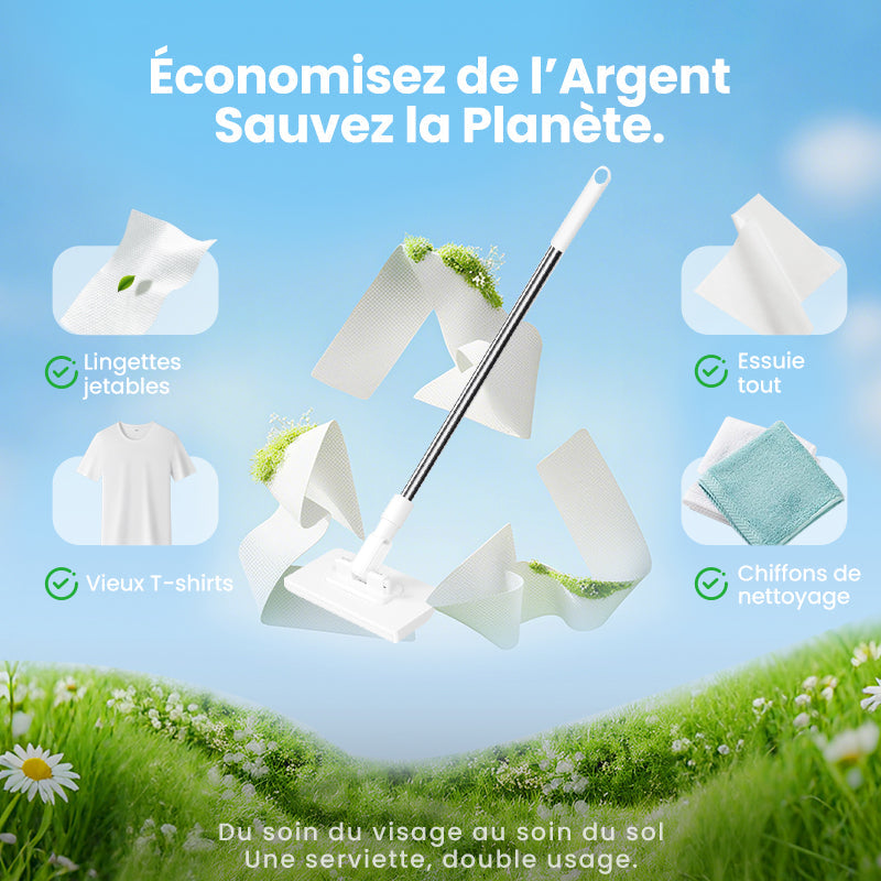 🧹💧 Serpillère réutilisable – Pince auto-serrante, manche télescopique, rotation 360°, un nettoyage des sols efficace et sans effort, même dans les coins les plus difficiles 🏠✨