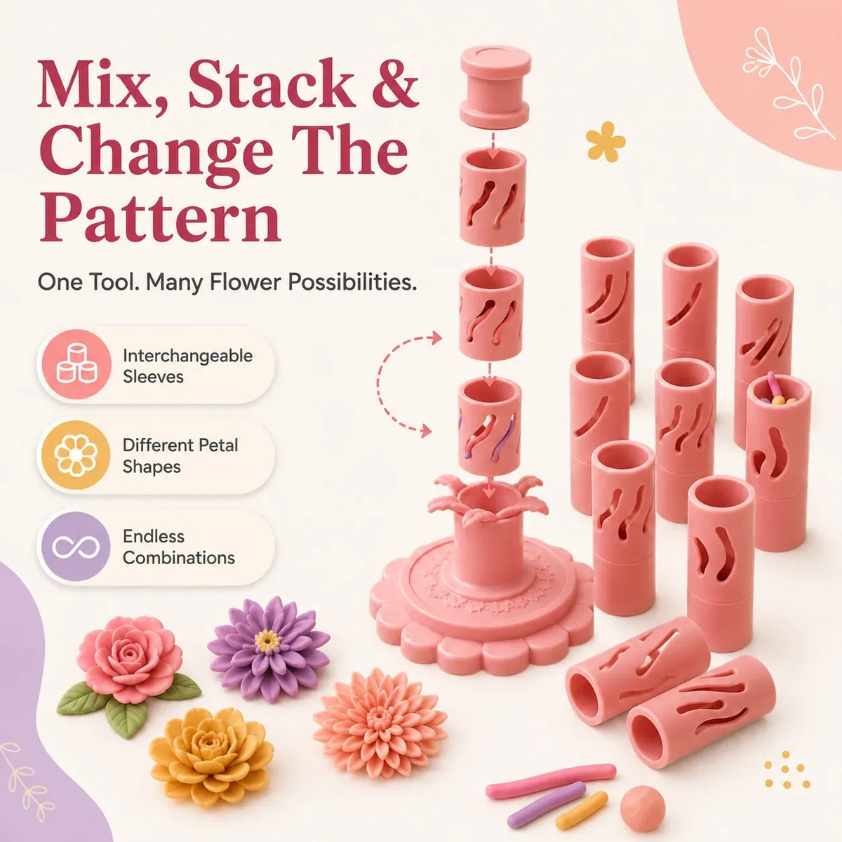 🔥‑50% Réduction ! Kit création fleurs pâte à modeler 🌸 Pour débutants, outil 3D réutilisable, 24 couleurs incluses ✨