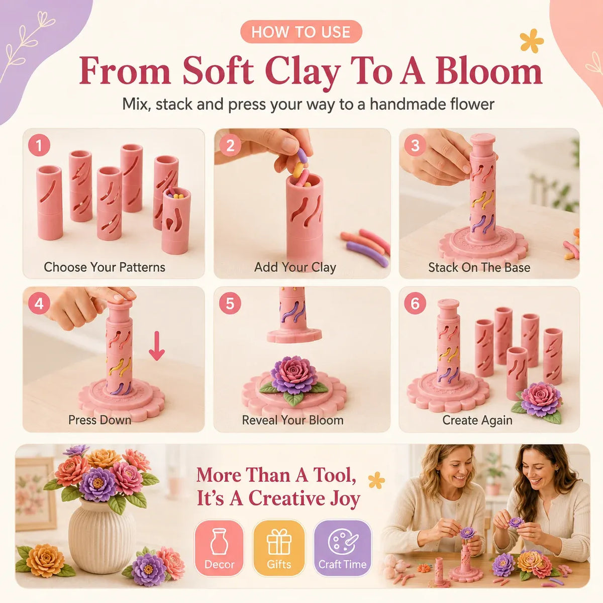 🔥‑50% Réduction ! Kit création fleurs pâte à modeler 🌸 Pour débutants, outil 3D réutilisable, 24 couleurs incluses ✨