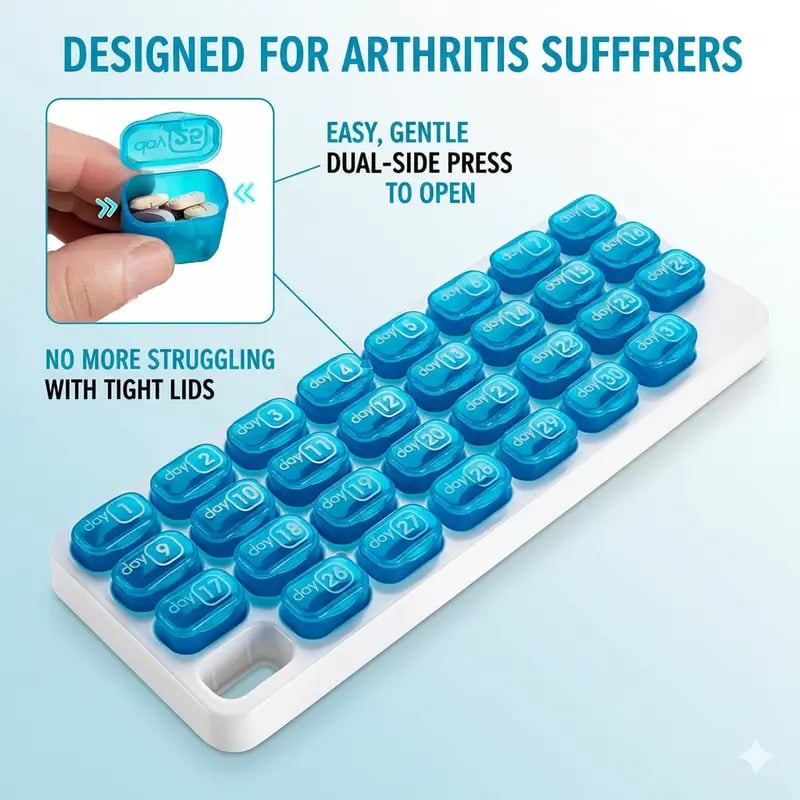 💊 Pilulier mensuel avec couvercle - Couvercles faciles à ouvrir, adaptés aux personnes souffrant d'arthrite - 31 compartiments journaliers amovibles - Indicateur de date - Étui de voyage pour vitamines et médicaments