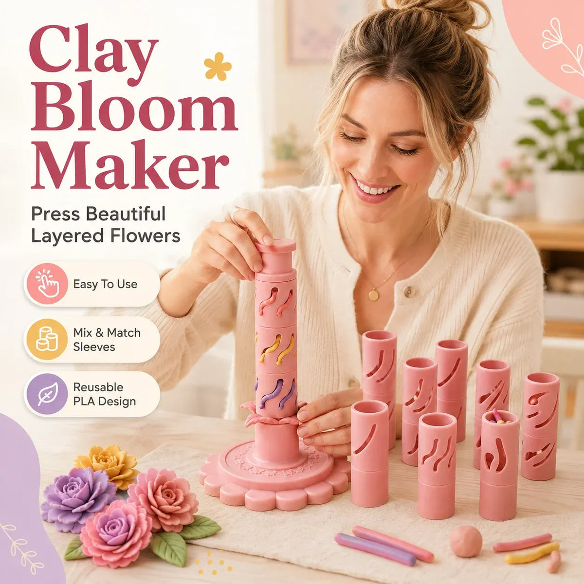 🔥‑50% Réduction ! Kit création fleurs pâte à modeler 🌸 Pour débutants, outil 3D réutilisable, 24 couleurs incluses ✨