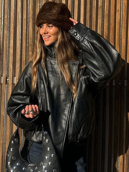 🖤 60% DE RÉDUCTION ! 🏍️ Veste Moto en Similicuir Noir – Style Audacieux, Coupe Surdimensionnée & Fermeture Éclair Argentée ✨
