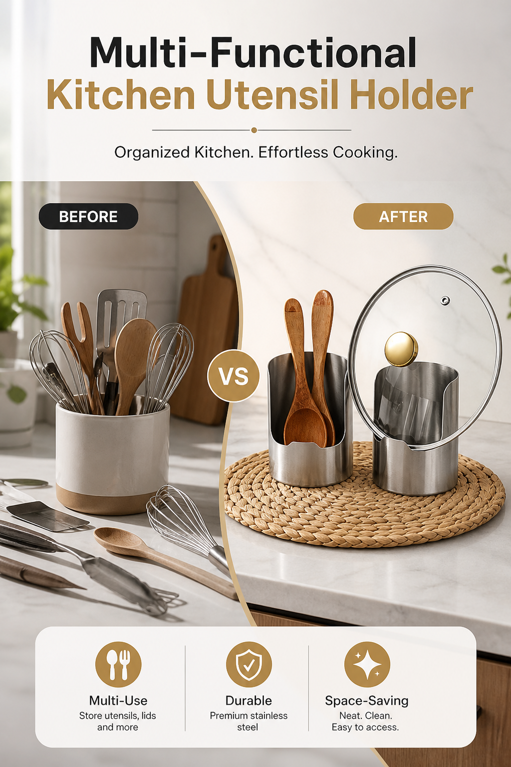 🔥50 % DE RÉDUCTION🍳 Organisateur d'ustensiles de cuisine multifonctionnel | Acier inoxydable robuste pour une durabilité accrue · Design vertical compact · Facile à nettoyer et résistant aux graisses
