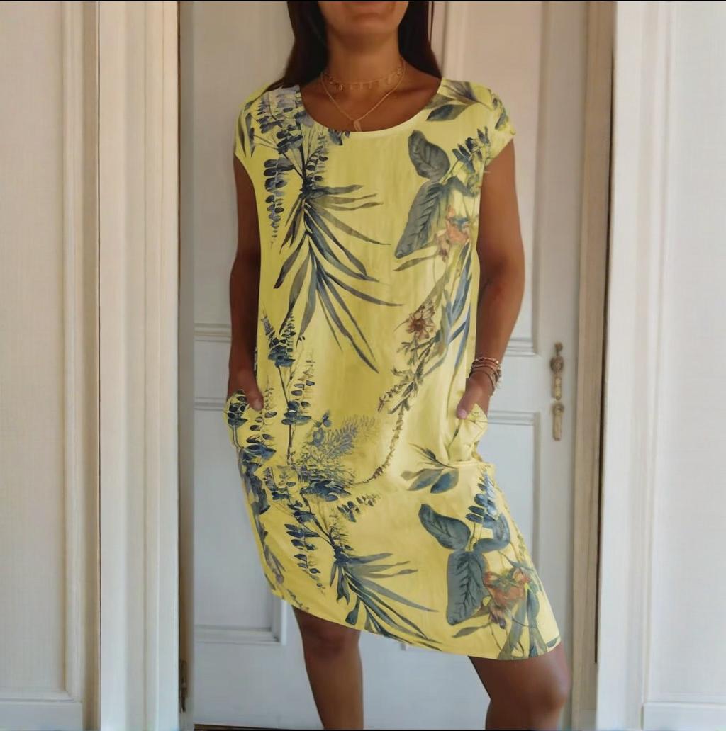 📢📢50 % de réduction !! ⏰⏰🍀 Robe à Col Rond à Imprimé Botanique – Vente de Printemps – Tissu Léger, Motif Naturel & Coupe Décontractée 🌸