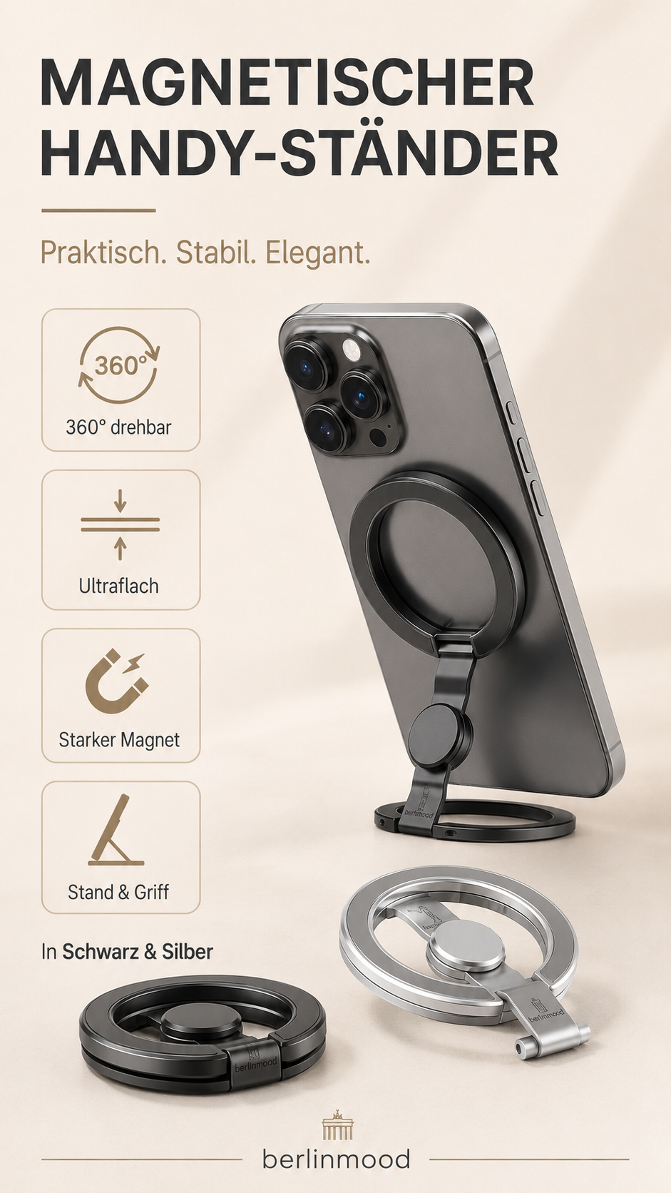Support magnétique pour téléphone portable avec anneau, pivotant à 360°