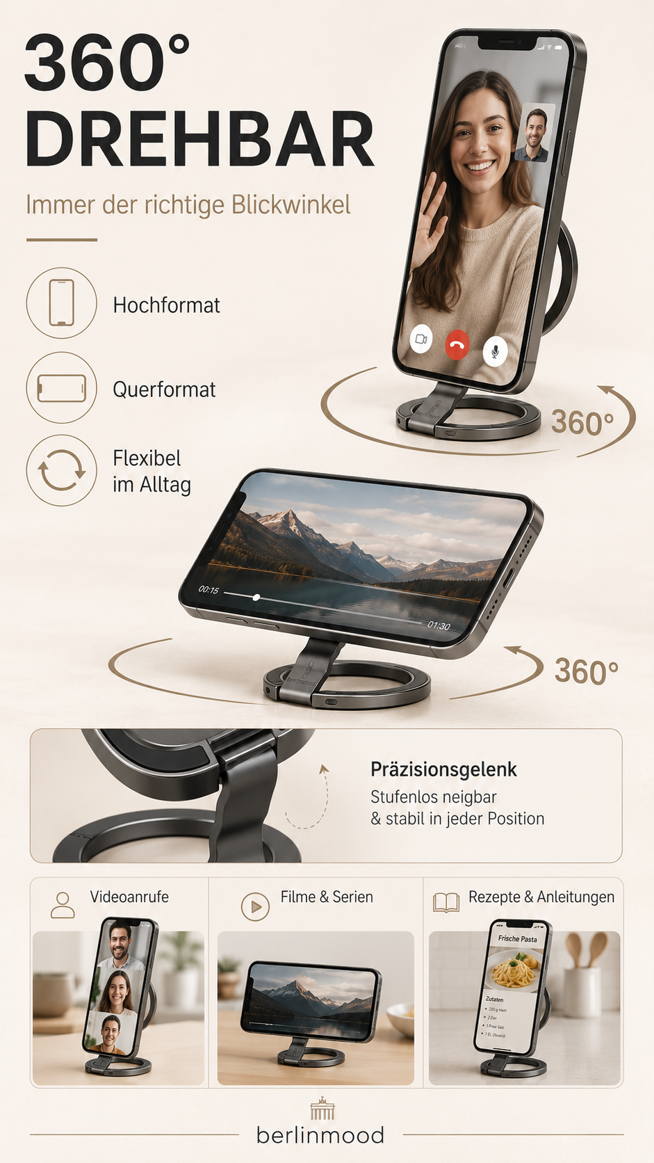 Support magnétique pour téléphone portable avec anneau, pivotant à 360°