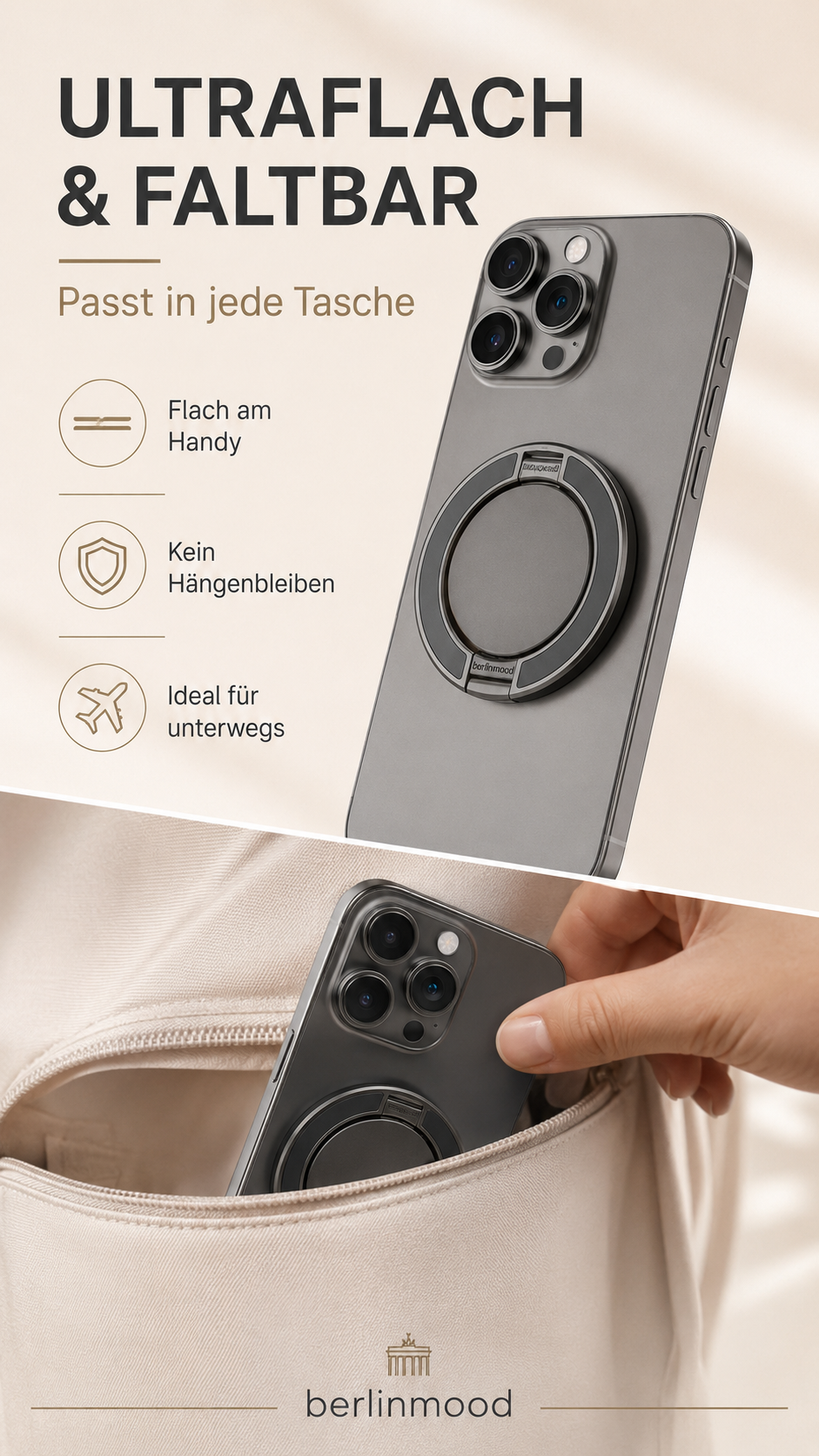 Support magnétique pour téléphone portable avec anneau, pivotant à 360°