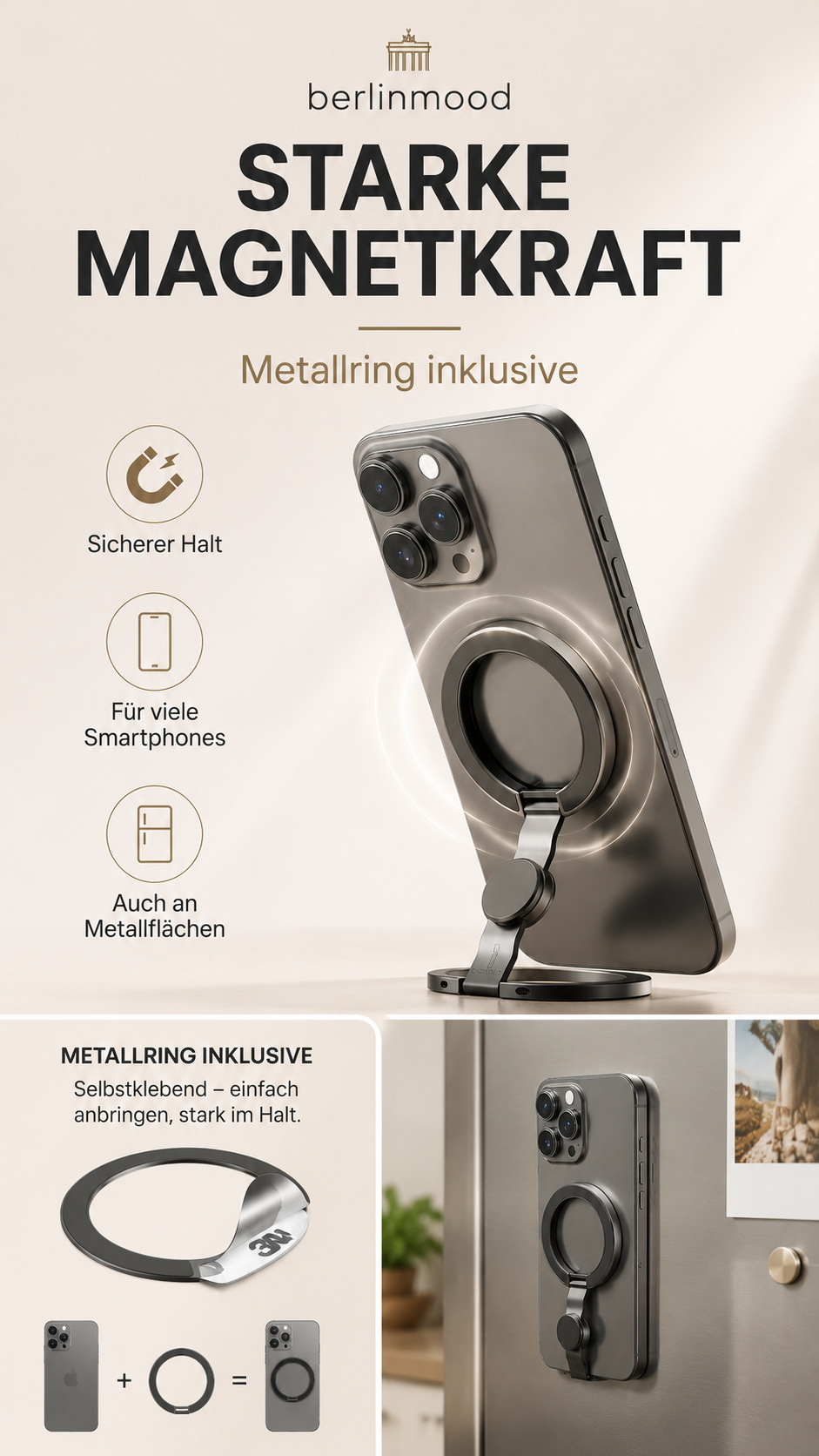 Support magnétique pour téléphone portable avec anneau, pivotant à 360°